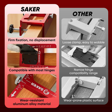 Comparison showing Heavy Duty Aluminum Alloy Door Hinge Jig And Deep Hole Pencil Set and typical competitor, highlighting material and fit differences.