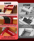 Comparison of Saker Pro Grade Aluminum Door Hinge Jig with other jig showing firm fixation, compatibility, and aluminum material.