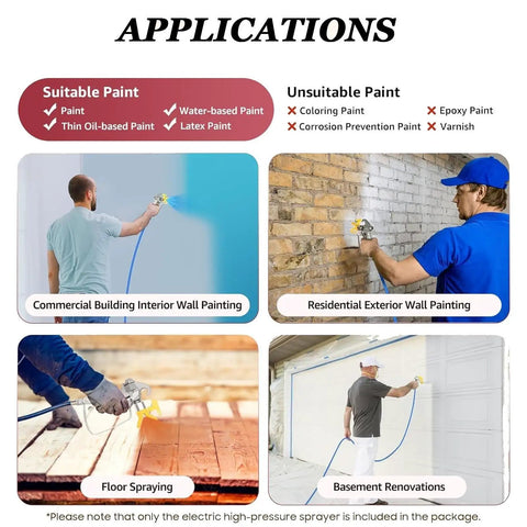 High Performance Electric Airless Paint Sprayer With Adjustable Pressure Gauge And Heavy Duty Motor Featuring No Sweat Setup Crisp Lines And Ergonomic Spray Gun For Fast Bedroom Refreshes used for commercial and residential wall painting, floor spraying, and renovations.