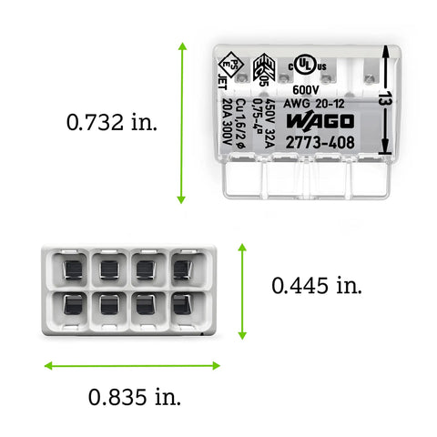 Image showing dimensions of Push Wire Splicing Connector Wall Nuts For Solid And Stranded Conductors Eight Conductor With Light Gray Cover Tool Free Wiring Quick, Reliable Splices For Home Or Pro Projects Box Of Forty Pieces.