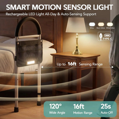 Senior Bed Rail With Adjustable Height And Light Pocket, Tool Free Setup next to bedside table showing smart motion sensor light