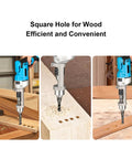 No Hassle Square Hole Drill Bit Adapter And Mortising Bracket For Drill Press being used on wood for precise joinery.