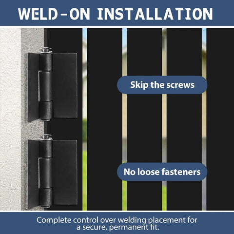 Beefy Weld On Hinges Three Piece Set 4 By 4 Inches Weldable Butt Hinges For Gates Garage Doors And Trailers 4.5mm Thick Load Up To 1000lbs Ideal For Industrial Gates And Heavy Duty Doors In Farm Warehouse And Trailer Setups., weld-on hinge installation on gate with no loose fasteners