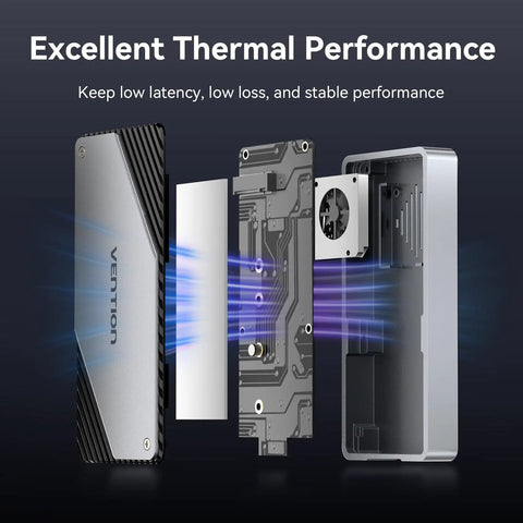 Exploded view of Blazing Fast M2 NVMe SSD Enclosure In Solid Aluminum Built In Cooling Fan showcasing thermal components.