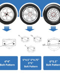 Stainless Steel Spare Tire Carrier For Trailers, Heavy Duty Tire Mount Bracket with bolt patterns 4, 4.5, 4.75, 5, and 5.5 displayed