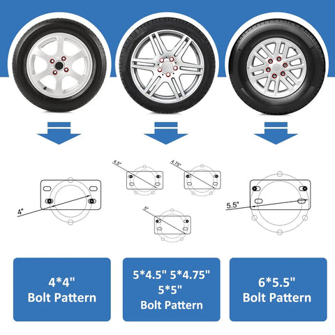 Stainless Steel Spare Tire Carrier For Trailers, Heavy Duty Tire Mount Bracket with bolt patterns 4, 4.5, 4.75, 5, and 5.5 displayed