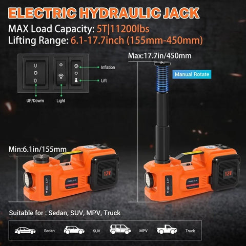 Electric Car Jack Kit 5 Ton Hydraulic Lift With 12V Power, Lifting Range 6.1 to 17.7 Inches displayed with specifications