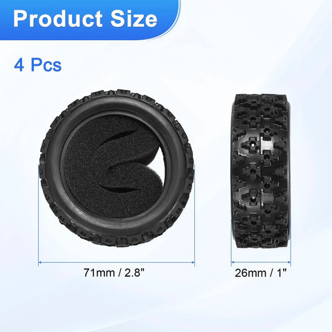 Side and front view of 4Pcs Soft Rubber RC On Road Car Tires For 1 By 10 Scale Touring Cars With Foam Inserts, 71mm OD, 26mm wide