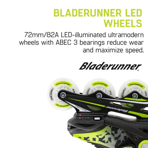 Kids Adjustable Inline Skates With Light Up Wheels showing LED wheels and Bladerunner branding, black and green design visible.