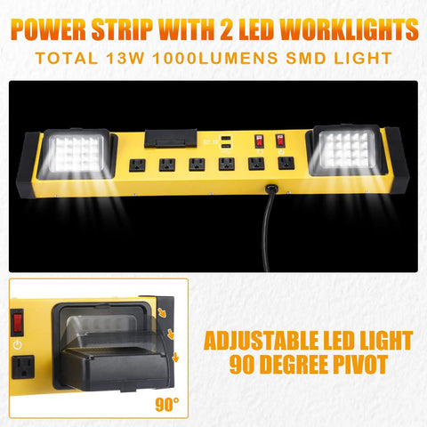 Heavy Duty Six Outlet Power Strip With Bright Led Worklight And Dual Usb Charging Ports For Fast Device Connections, yellow with dual pivot lights.