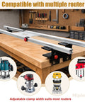 No Bull 6061 Aluminum 50 Inch Router Sled For Flattening Massive Wood Slabs with compatible router kits on a workbench.