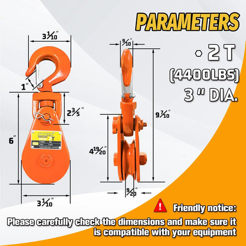 Snatch Block With Hook 2 Ton WLL For 3/8 Inch Wire Rope Heavy Duty Winch Pulley For Rollback Wrecker, front and side dimensions shown