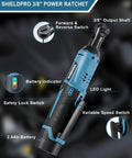 Cordless Electric Ratchet Wrench Kit With Forty Ft Lb Torque, Three Eighths Inch Drive, One Hour Fast Charge, Dual 2000mAh Lithium Ion Batteries