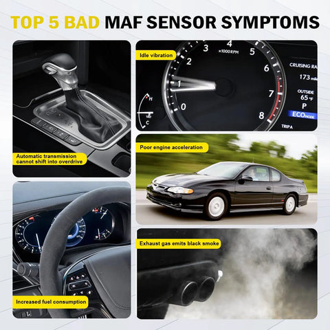 Plug And Play Mass Air Flow MAF Sensor For Chevy GMC Buick Cars And Vans Direct Fit Replacement For 2002 2005 Astro Van 1996 2001 Blazer S10 2000 2005 Century OEM Quality Performance Upgrade, bad MAF sensor symptoms infographic