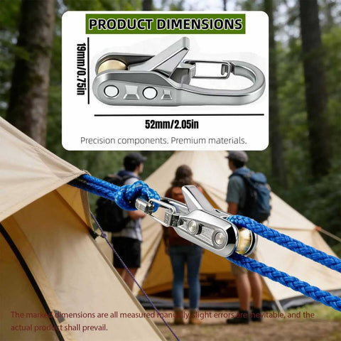 Ultra Lightweight Rope Tightening Tool With Roller Cam Four Pack For Camping And Boating Grab And Go No Knots Needed Locks Rope Instantly Ultra Compact Tensioner For Tarps Outdoor Gear Hiking And Emergency Fixes close-up view on blue rope with tent background