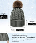 Cozy Cable Knit Beanie Hats for Women With Faux Fur Pom Poms 2 Pack Winter Set in Gray cable knit with size info