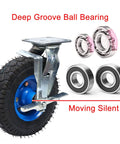 Heavy Duty Rubber Caster Wheels Set 8 and 10 Inch Pneumatic Swivels With Brakes showing deep groove ball bearing and quiet tread.