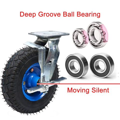 Heavy Duty Rubber Caster Wheels Set 8 and 10 Inch Pneumatic Swivels With Brakes showing deep groove ball bearing and quiet tread.