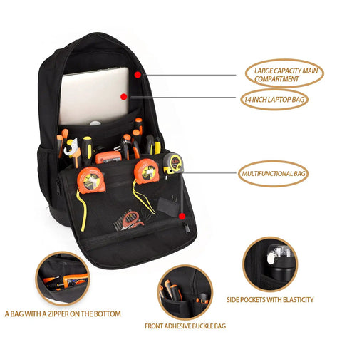 Electrician Tool Backpack With Laptop Compartment Waterproof 600D Polyester Workhorse Gear Bag For Trades Multiple Pockets Opened