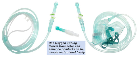 Oxygen tubing set with 360-degree swivel connectors and face mask; translucent green tubing