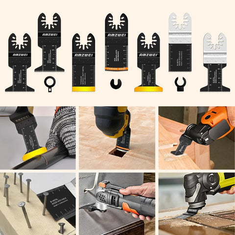 AMZWEI 28-piece oscillating saw blades kit; titanium-coated universal blades for wood and metal; collage with front and installed views