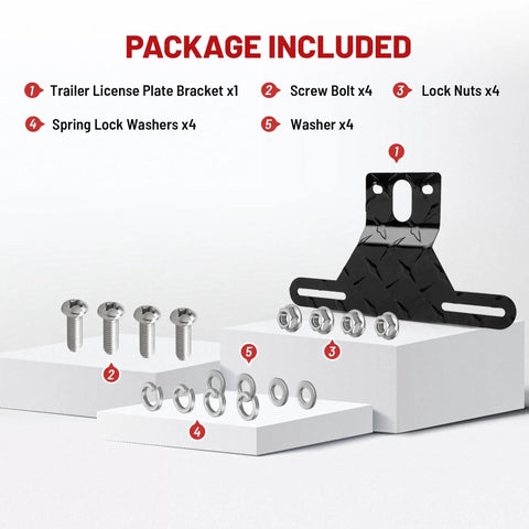 Heavy Duty Trailer License Plate Light Holder And Bracket Kit For RVs And ATVs Aluminum Mount with screws and washers displayed