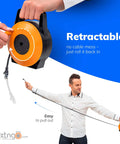 Man demonstrating Flat Retractable CAT6 Ethernet Cable Extender, 50 Feet UTP Reel with Cascadable Male to Female RJ45 connectors.