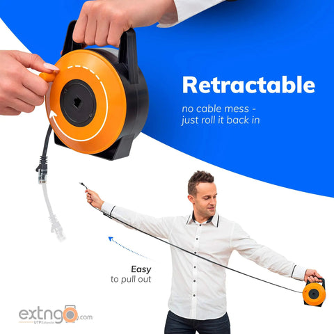 Man demonstrating Flat Retractable CAT6 Ethernet Cable Extender, 50 Feet UTP Reel with Cascadable Male to Female RJ45 connectors.