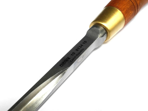 Close-up of Pro Grade Corner Chisel 10 mm For Precision Woodworking And Squaring Edges with hornbeam handle and Cr Mn steel blade.