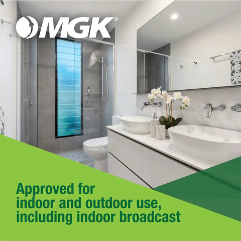 Bathroom setting showing modern decor, with MGK branding, highlighting indoor use for Onslaught FastCap Spider And Scorpion Insecticide Concentrate For Indoor And Outdoor Use Commercial Grade Labeled For Spiders Scorpions Fleas Mosquitoes And More No Nonsense Pest Control Pint.