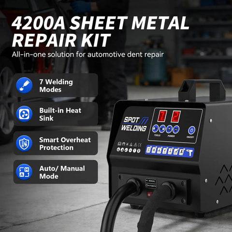 Powerful Auto Body Dent Repair Kit With 4200A Stud Welder, 7 Welding Modes, Auto And Manual Weld, Overheat Protection Display