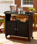 Outdoor Rolling Bar Cart With Storage Cabinet And Tempered Glass Top PE Rattan Grill Cart For Patio And BBQ Serving Cart
