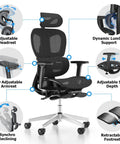 Ergonomic Office Chair With Footrest For Long Hours, Big And Tall Desk Chair With Adjustable Lumbar Support features diagram
