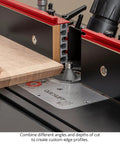 Pro Grade Four Piece Chamfer Router Bit Set With Carbide Cutters And Twin Bearings for precise edge profiling on wood.