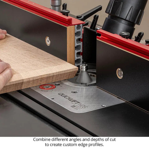 Pro Grade Four Piece Chamfer Router Bit Set With Carbide Cutters And Twin Bearings for precise edge profiling on wood.