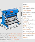 3-in-1 12 Inch Sheet Metal Brake Shear Roll Machine with 20 gauge capacity and 90-degree bend, detailed specifications chart, blue machine