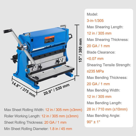 3-in-1 12 Inch Sheet Metal Brake Shear Roll Machine with 20 gauge capacity and 90-degree bend, detailed specifications chart, blue machine