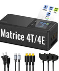 DJI Matrice 4T 4E Parallel Charging Hub with cables and LCD display, three battery charge in seventy two minutes, USB C ports shown.