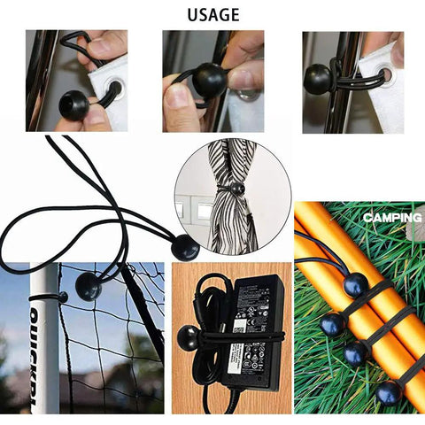 30 Pack 6 Inch Black Bungee Balls Heavy Duty Tarp Tie Downs Cords in various uses including tying tarps, cables, and tent poles