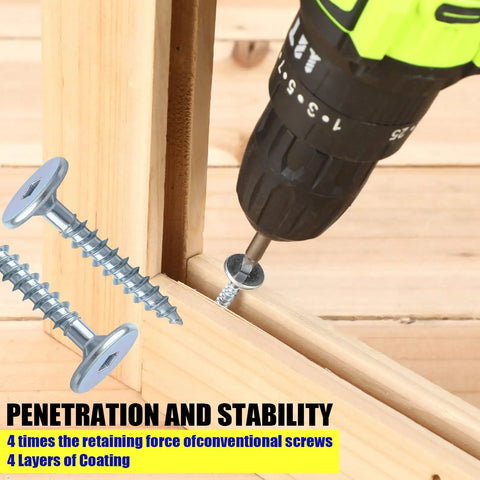 Pro Grade 1 1/4 Inch Cabinet Screws With T20 Square Drive being used for a DIY project, securing wood pieces together.