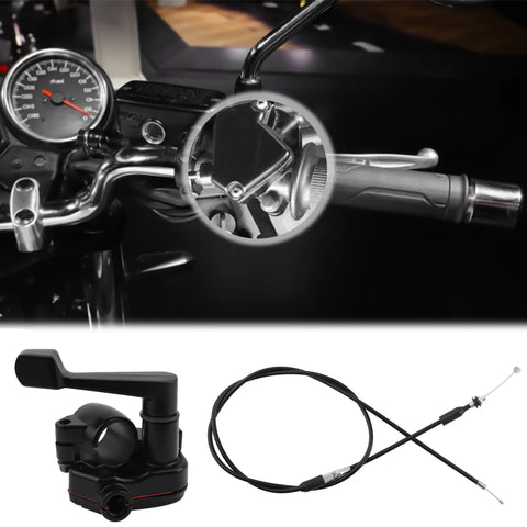 Seven Eighths Inch Thumb Throttle Kit With Throttle Cable for aluminum motorcycle and mini bike universal replacement shown installed.