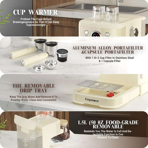 20 Bar Espresso Machine With Milk Frother Steam Wand For Latte And Cappuccino 2 In 1 Espresso Maker Powder And Capsule Portafilter 50 Oz Removable Water Tank White Home Coffee Maker with cup warmer, portafilter, and drip tray features visible