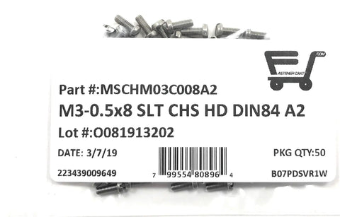 Top Shelf M3 X 8 Millimeter Slotted Cheese Head Machine Screws crafted from solid A2 304 stainless steel in resealable bag.