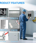 Worker inspecting Eight Space 125 Amp Circuit Breaker Panel Load Center For Home And Small Biz Use 120V And 240V Electrical Distribution Box In Indoor NEMA 1 Steel Enclosure