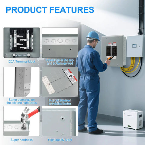 Worker inspecting Eight Space 125 Amp Circuit Breaker Panel Load Center For Home And Small Biz Use 120V And 240V Electrical Distribution Box In Indoor NEMA 1 Steel Enclosure