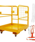 Forklift safety cage 36x36 in, heavy-duty yellow metal lift basket with 4 wheels, 1200 lb capacity, chains and harness
