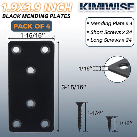 4 Pcs Hardcore Black Stainless Steel Mending Brackets, Heavy Duty Flat Straight Brace Plates For Wood Furniture Shelves With Dual Screw Pack No Sweat Fix Kit