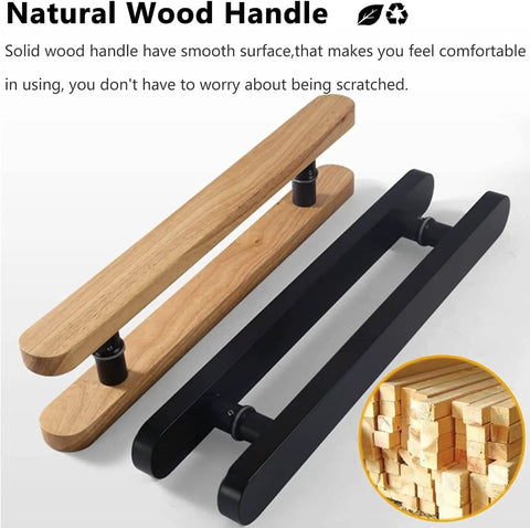 Wood Sliding Door Handle Pull For Indoor Outdoor Use, round handles in wood and black finish, minimalist H shape, side view