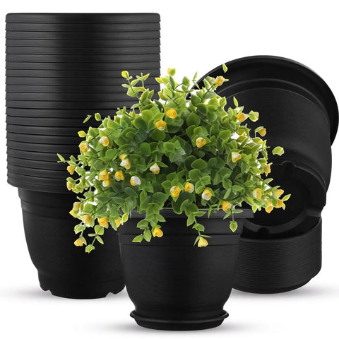 12 Pack 12 Inch Round Plastic Plant Pots With Saucers, Black Seedling Starter Pots, Nursery Containers, Plant with Drainage Holes
