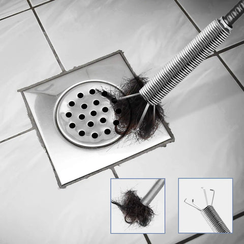 Flexible Sink Grabber Reacher Tool With Four Claws Retractable Clean Claw in use removing hair from a shower drain